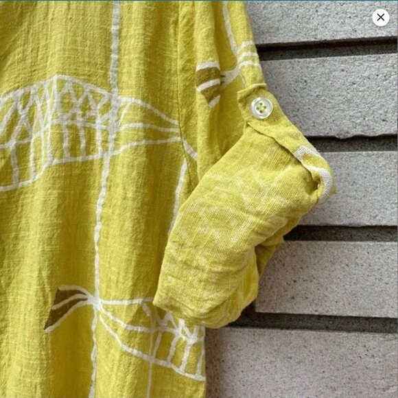 Three Stars Linen Blend Button Up Shirt Fish Print Yellow Lemongrass - Picture 7 of 9